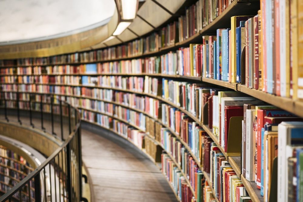 An elegant curved library full of books